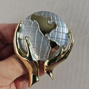 Vintage Brooch Hands Holding The World Two Toned Metal